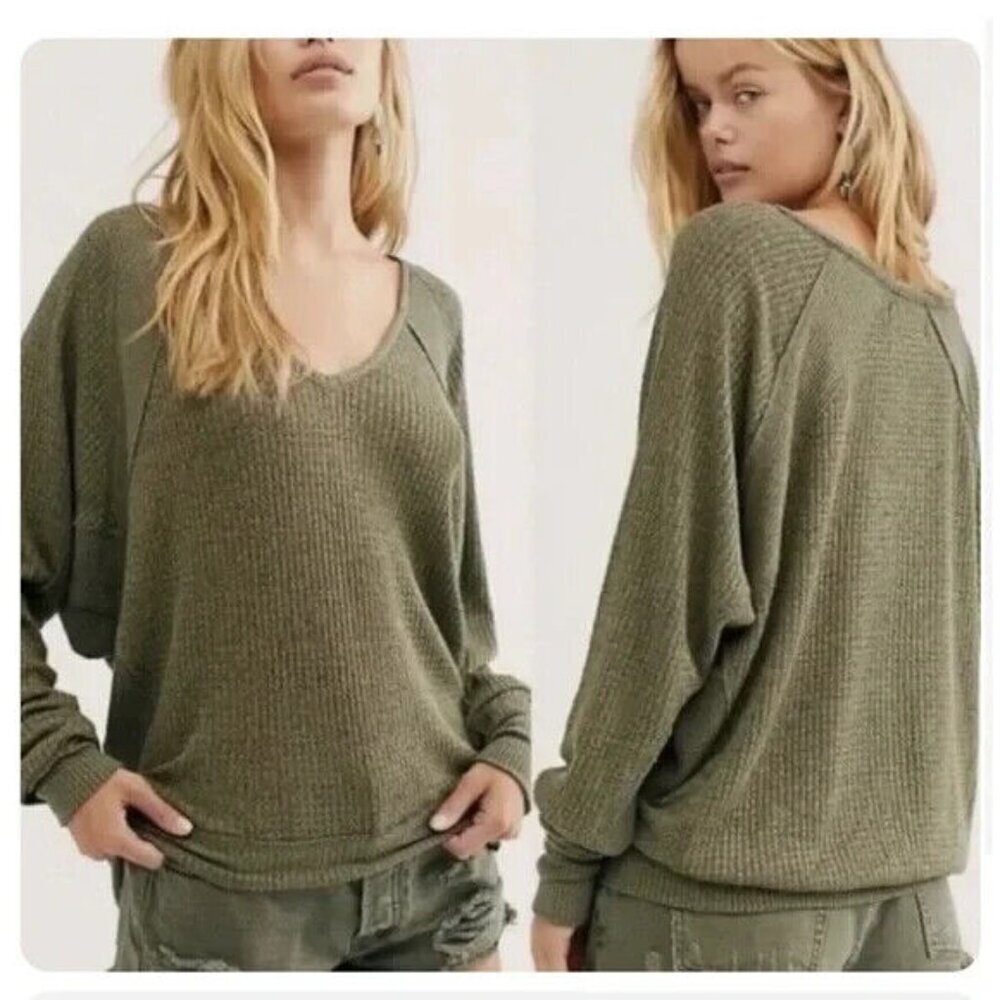 WE THE FREE Sweater Womens Green Thermal Textured Pullover Waffle Knit oversized